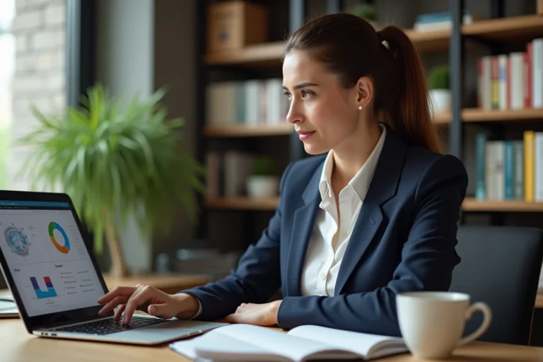 Femme professionnelle travaillant sur son ordinateur portable avec des ressources en ligne pour développer son activité
