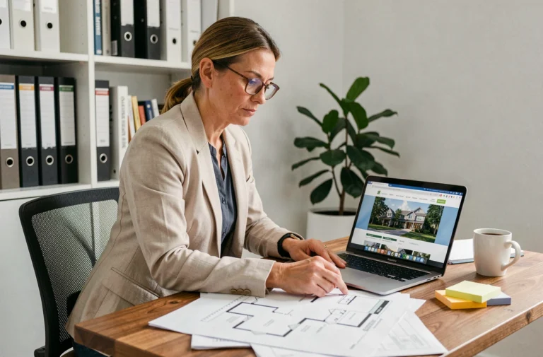 Femme consultant des plans immobiliers et un site de conseils en ligne sur son bureau à domicile