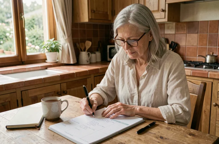 Femme retraitée planifiant sa semaine avec un agenda dans une cuisine campagnarde chaleureuse