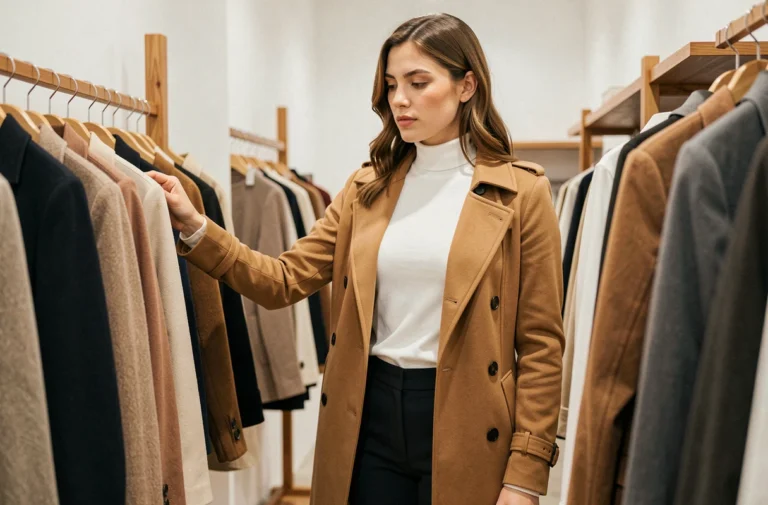 Femme élégante en trench camel qui fait du shopping dans une boutique de mode minimaliste, illustrant les tendances vestimentaires de l'année