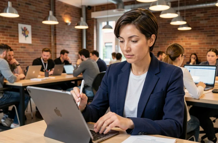Femme professionnelle utilisant une tablette tactile avec stylet dans un espace de coworking tendance