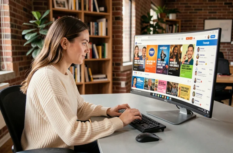 Jeune femme consultant les dernières tendances du web en temps réel sur un grand écran dans un bureau moderne