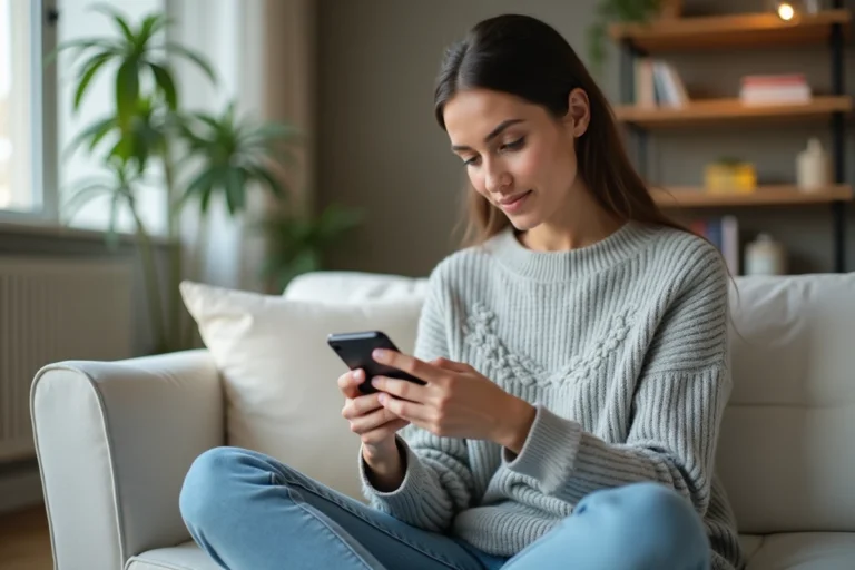 Jeune femme utilisant une application mobile sur smartphone depuis son canapé à domicile
