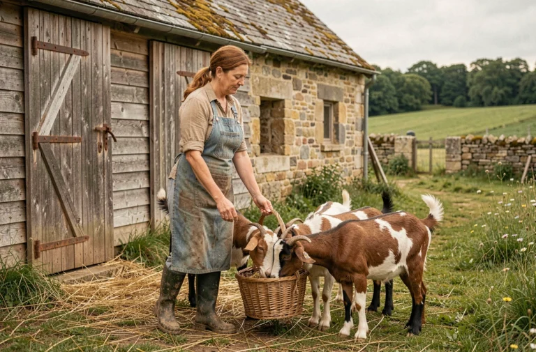 Femme en tablier de ferme nourrissant des chèvres devant une grange en bois rustique à la campagne française