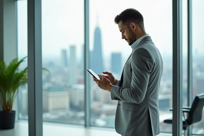 Fondateur de startup financière debout devant une fenêtre avec vue urbaine, consultant des données d'investissement sur smartphone