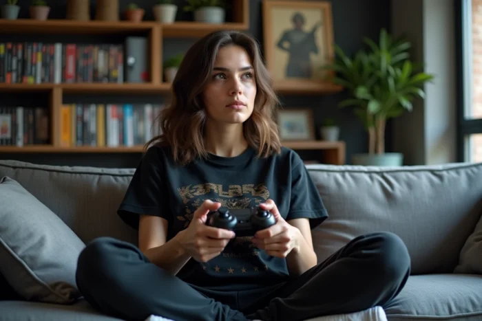 Gameuse concentrée tenant une manette de jeu vidéo assise dans un salon moderne avec étagères et décoration gamer