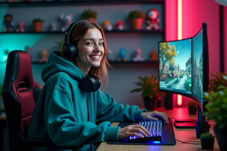 Jeune gameuse souriante à son bureau de streaming avec double écran et setup gaming RGB dans un home studio cosy