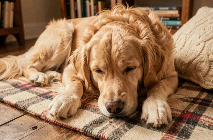 Golden retriever nain allongé sur une couverture à carreaux dans un salon chaleureux, expression paisible et pelage doré soyeux