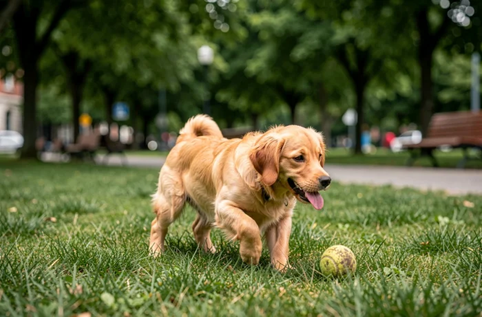 Petit golden retriever en position de jeu dans un parc urbain, pelage doré brillant, balle de tennis sur l'herbe verte