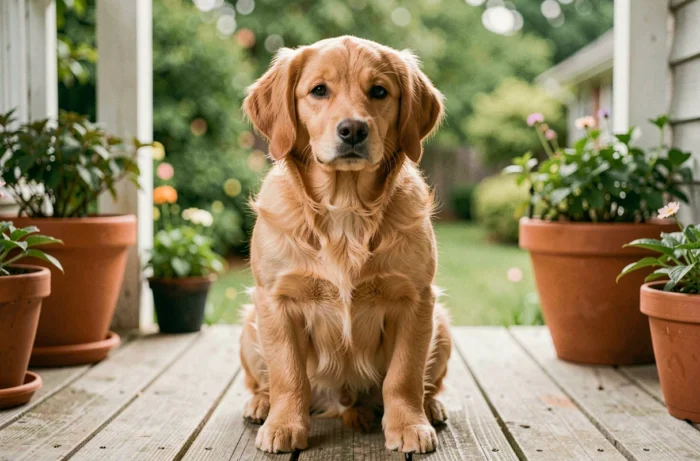 Golden retriever nain assis sur un porche en bois, regard expressif et pelage doré dense, dans un jardin résidentiel verdoyant