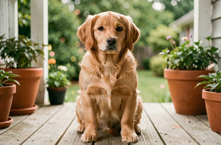 Golden retriever nain assis sur un porche en bois, regard expressif et pelage doré dense, dans un jardin résidentiel verdoyant