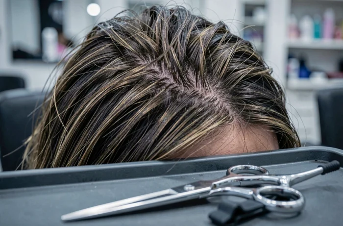 Gros plan sur une coupe couronne irrégulière avec ciseaux de coiffure au premier plan, montrant les détails techniques d'une coupe mal exécutée