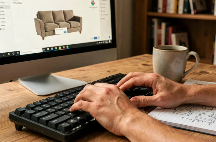 Gros plan sur des mains important un objet personnalisé dans l'éditeur 3D HomeByMe avec des esquisses de meubles visibles