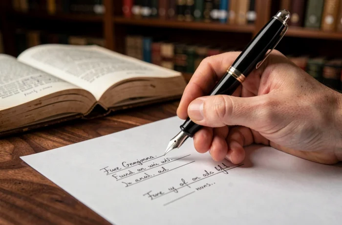 Gros plan d'une main tenant un stylo-plume écrivant sur une feuille blanche posée sur un bureau en noyer, avec un livre de grammaire français annoté ouvert à côté