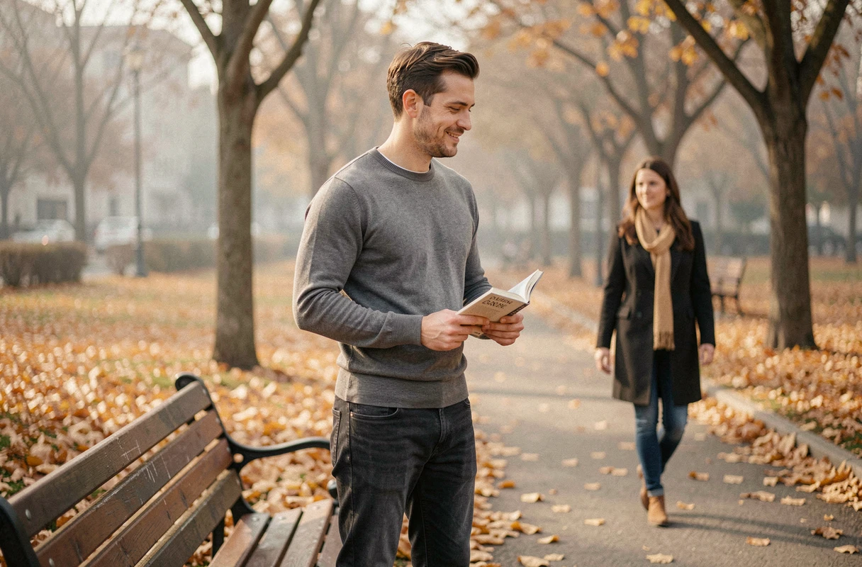 Jeune homme timide et amoureux en secret dans un parc en automne avec un sourire nerveux