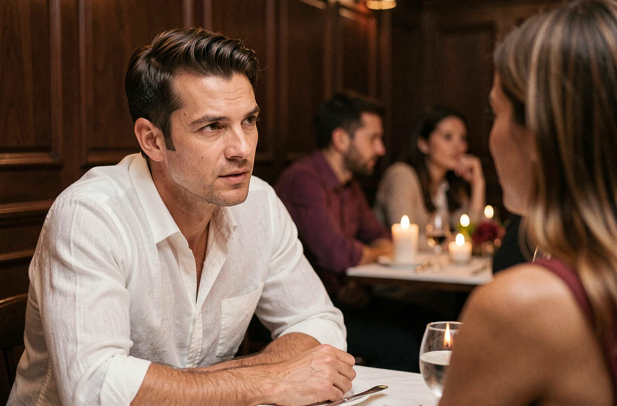 Homme écoutant attentivement une femme au restaurant, regard amoureux et complice en secret