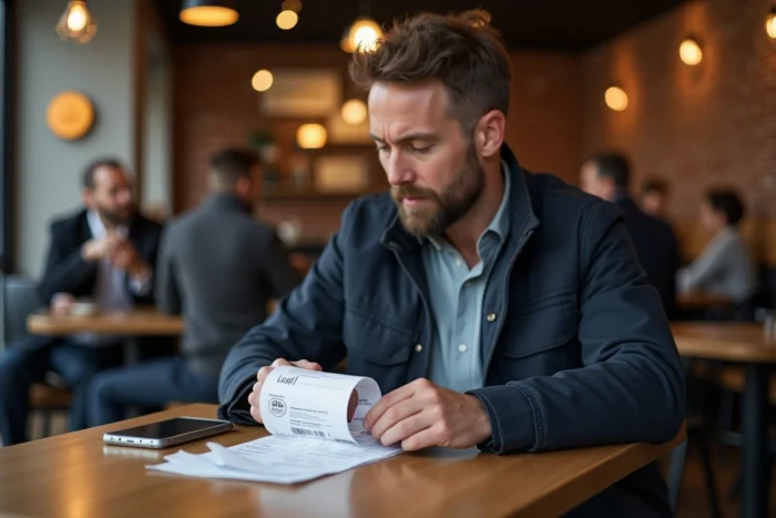 Homme analysant son ticket de caisse Lidl dans un café, comparant les prix et les informations du reçu