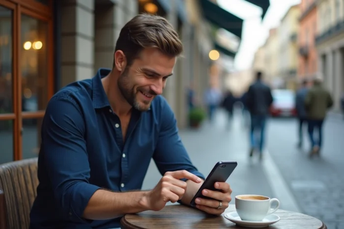 Homme consultant une application mobile sur son téléphone en terrasse de café en ville