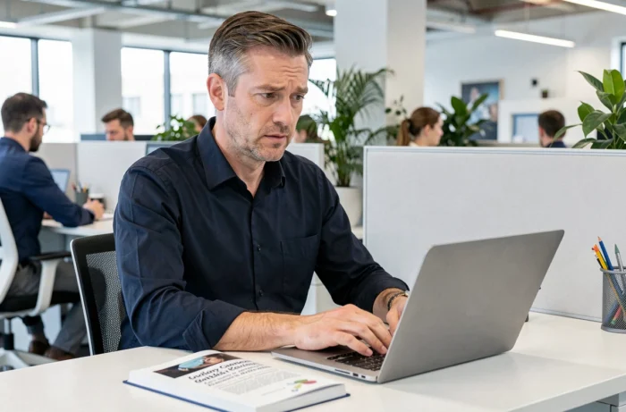 Homme en bureau open space consultant un guide de grammaire française ouvert à côté de son ordinateur portable avec une expression interrogative
