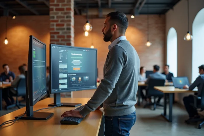 Homme d'affaires utilisant des outils numériques professionnels dans un espace de coworking moderne