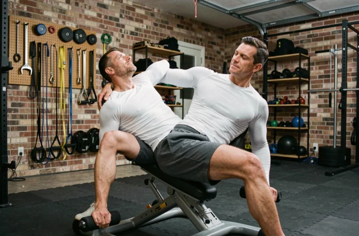 Homme effectuant des crunchs obliques sur chaise romaine dans une salle de sport à domicile