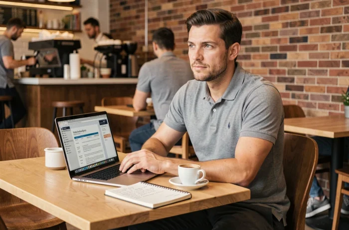 Jeune homme travaillant sur son CV dans un café urbain pour mettre en valeur ses compétences sportives