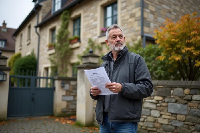 Homme tenant une estimation de prêt immobilier devant une maison en pierre à vendre dans une rue résidentielle française