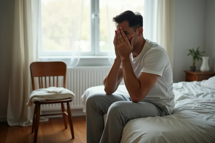 Homme fatigué assis au bord du lit le matin près d'une chaise en bois, expression de mauvais sommeil dans une chambre naturelle
