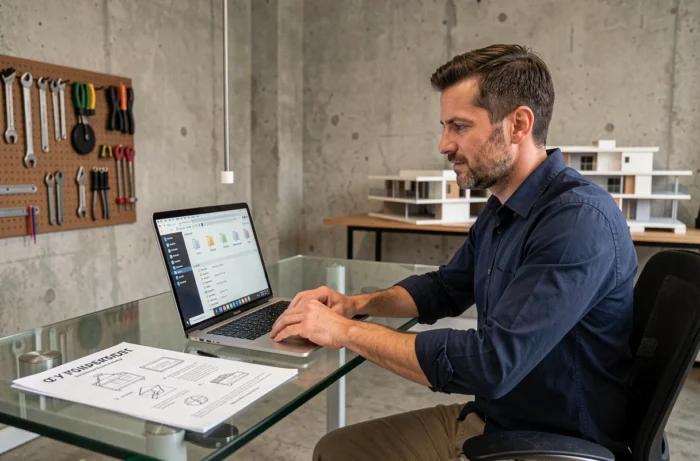 Homme important des fichiers OBJ dans HomeByMe depuis un ordinateur portable dans un studio de design contemporain