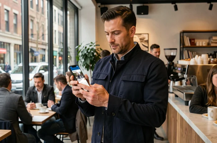 Homme consultant les informations incontournables du web en temps réel sur son smartphone dans un café urbain