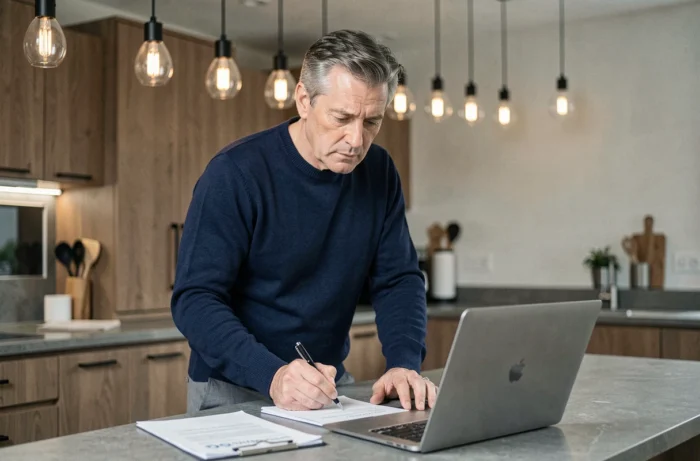 Homme prenant des notes sur son projet immobilier grâce à des conseils d'experts consultés en ligne