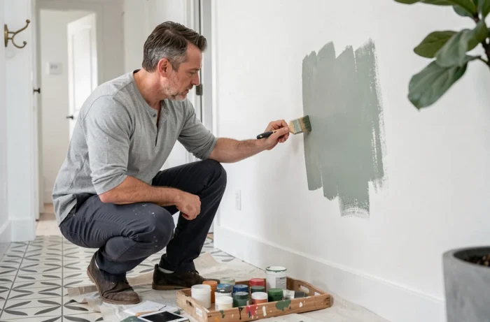 Homme appliquant un échantillon de peinture vert sauge sur un mur de couloir avec des carreaux de sol géométriques vintage, inspiration rénovation maison