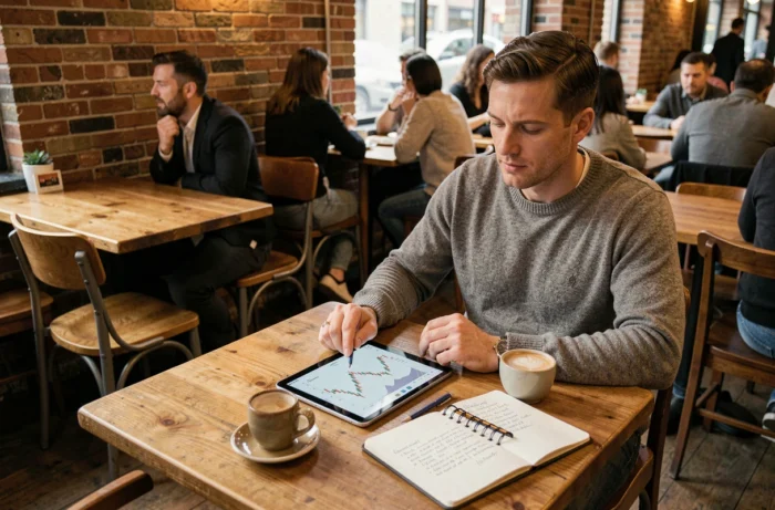Homme consultant des graphiques d'investissement sur une tablette dans un café urbain avec des notes financières manuscrites