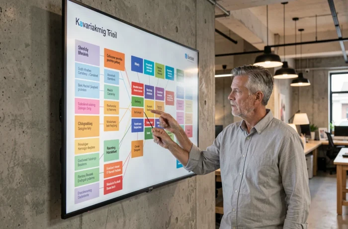Un homme présente une carte de navigation de contenu interactive sur un grand écran mural dans un studio créatif