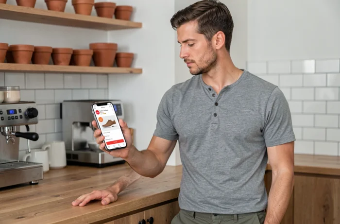 Homme comparant des promotions chaussures sur son smartphone dans une cuisine moderne