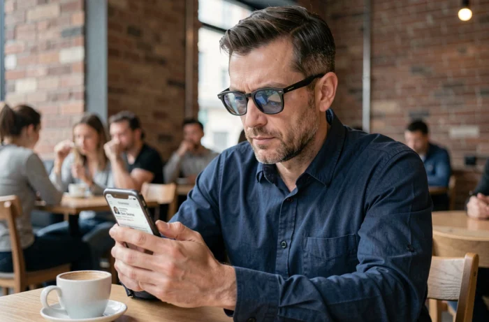 Homme recherchant des annonces sur leboncoin depuis son smartphone dans un café urbain