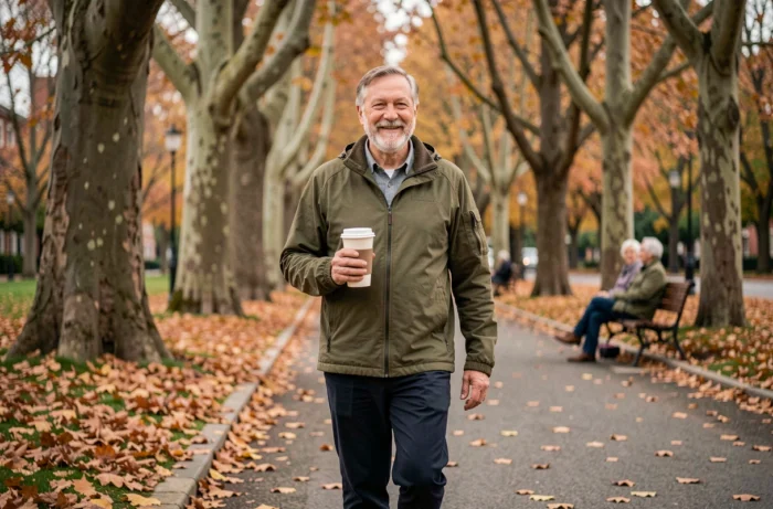Homme retraité se promenant dans un parc en automne avec un café à la main, profitant de sa retraite active