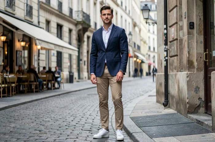 Homme bien habillé en blazer marine et chinos beige posant dans une rue pavée européenne, style streetwear masculin tendance