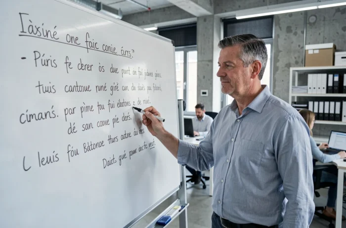 Homme devant un tableau blanc en bureau moderne avec des notes de grammaire française sur les formes verbales émergent et émergeant