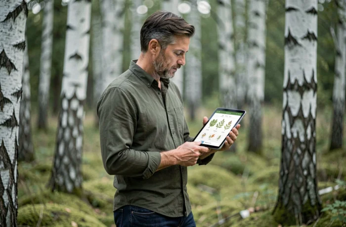 Homme tenant une tablette avec un site web de bien-être dans une clairière de forêt de bouleaux, ambiance naturelle et sereine