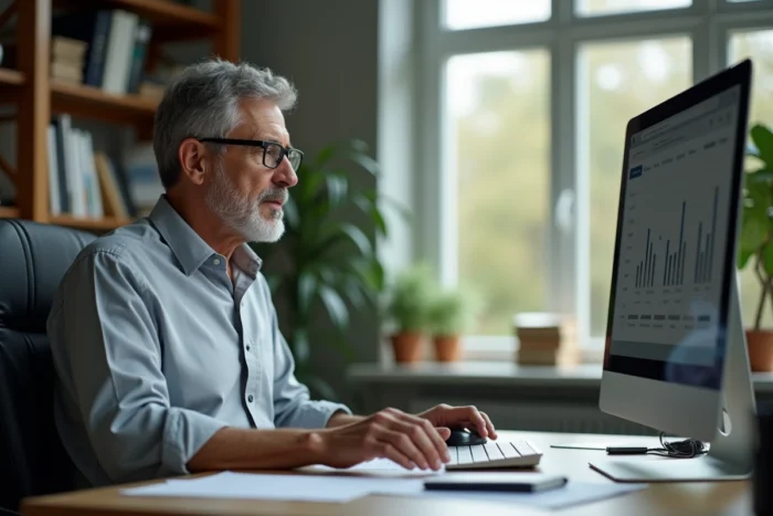 Homme en télétravail gérant et centralisant ses caisses de retraite d'entreprise sur un écran d'ordinateur depuis son bureau à domicile