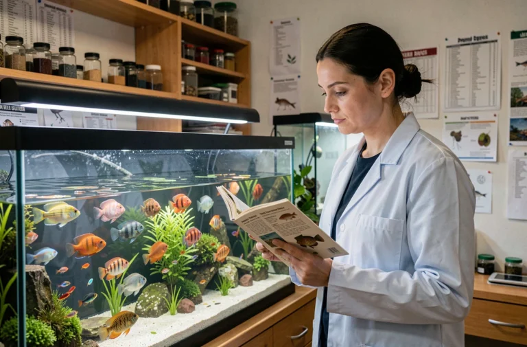 Femme aquariophile identifiant des poissons tropicaux dans un aquarium avec un guide de classification