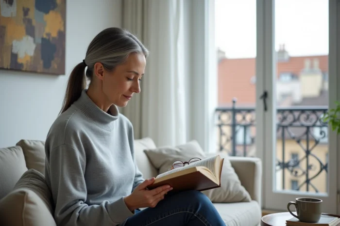 Femme aux cheveux gris-noir en pull col roulé gris lisant un livre dans un appartement parisien moderne avec balcon