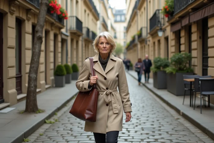 Femme mature marchant seule sur une rue pavée parisienne bordée d'immeubles haussmanniens et d'arbres