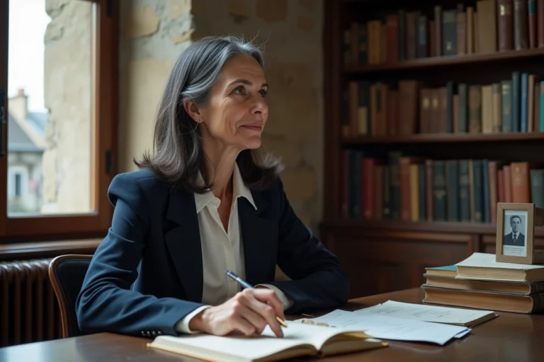 Femme élégante aux cheveux gris-noir assise à un bureau parisien chargé de livres, regardant pensativement vers les toits de Paris