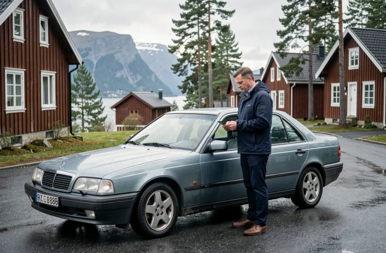 Un homme inspecte une voiture d'occasion garée dans une rue norvégienne typique avec des maisons en bois et un fjord en arrière-plan