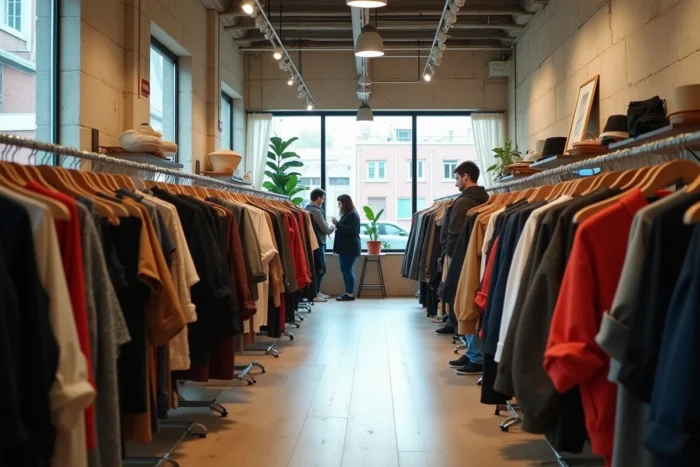 Vue intérieure d'une boutique de dépôt-vente Ding Fring à Nantes avec des clients parcourant les rayons de vêtements de seconde main