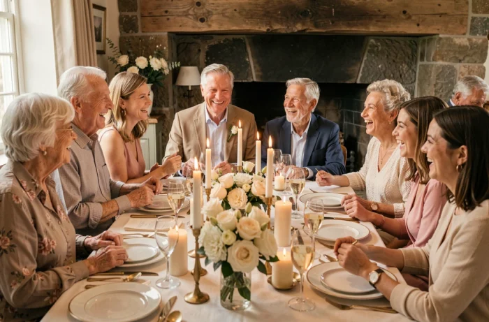 Famille multigénérationnelle réunie autour d'une table dressée pour fêter un anniversaire de mariage dans une maison de campagne