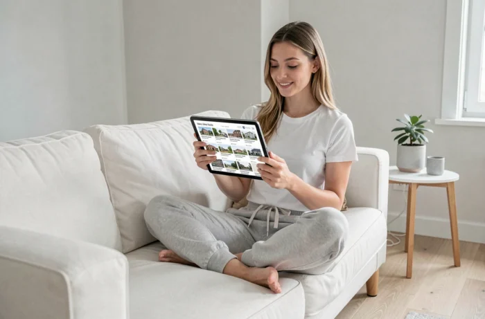 Jeune femme consultant des annonces immobilières sur tablette depuis son salon avec leboncoin