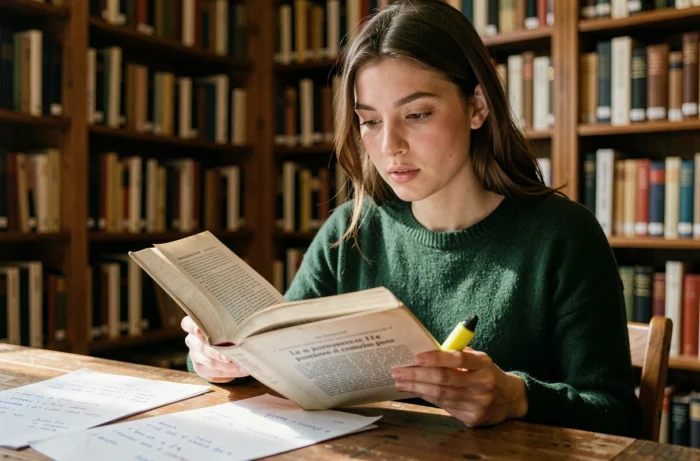 Jeune femme lisant un dictionnaire de grammaire française dans une bibliothèque, cherchant la bonne orthographe entre émergent et émergeant